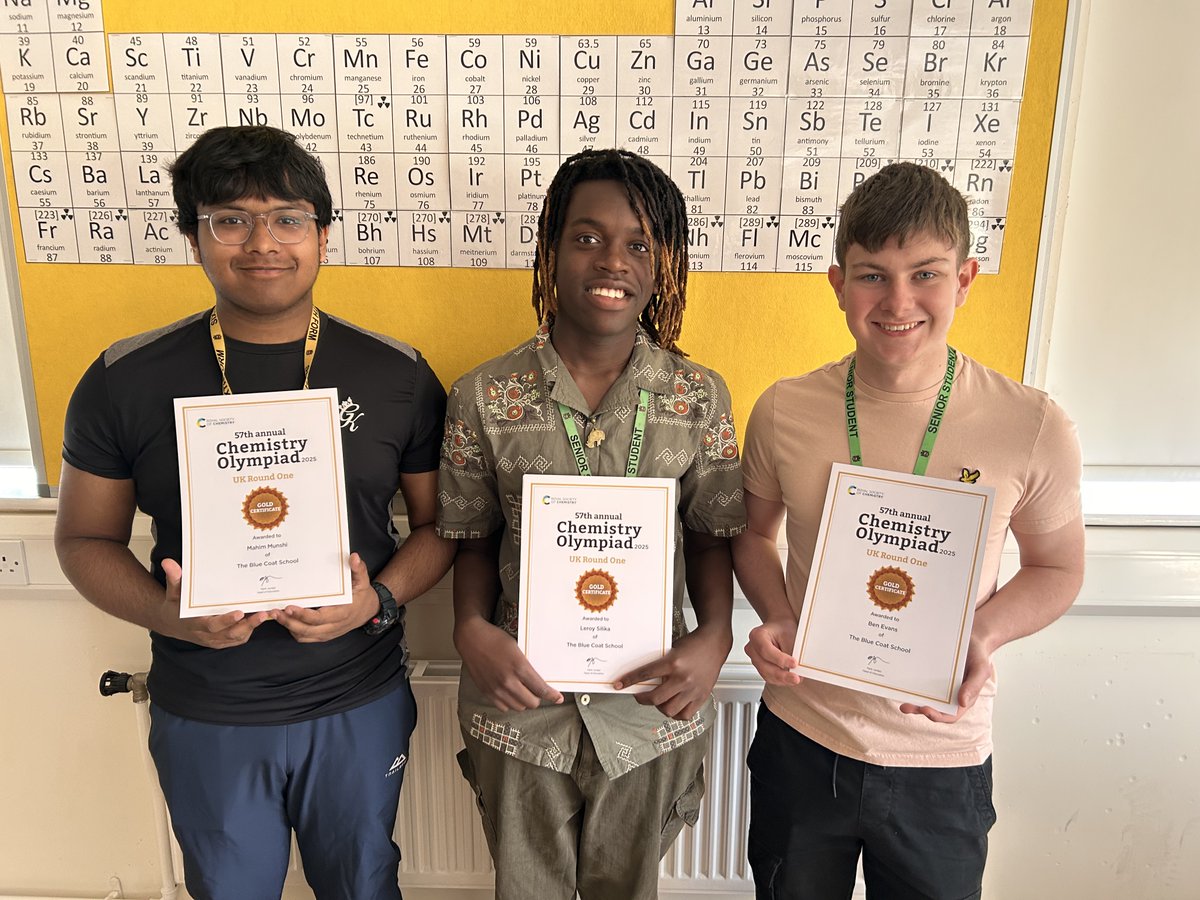 The Blue Coat Sixth Form (@bcoldham6thform) on Twitter photo For the first time ever, three of our students achieved a <a href="/RoySocChem/">Royal Society of Chemistry</a> Olympiad Gold Award. Congratulations to Ben, Kieran and Mahim!! Furthermore, Ben was one of the top 650 students in the entire country!!
Everybody who took part should be very proud of themselves 😊 For the first time ever, three of our students achieved a <a href="/RoySocChem/">Royal Society of Chemistry</a> Olympiad Gold Award. Congratulations to Ben, Kieran and Mahim!! Furthermore, Ben was one of the top 650 students in the entire country!!
Everybody who took part should be very proud of themselves 😊