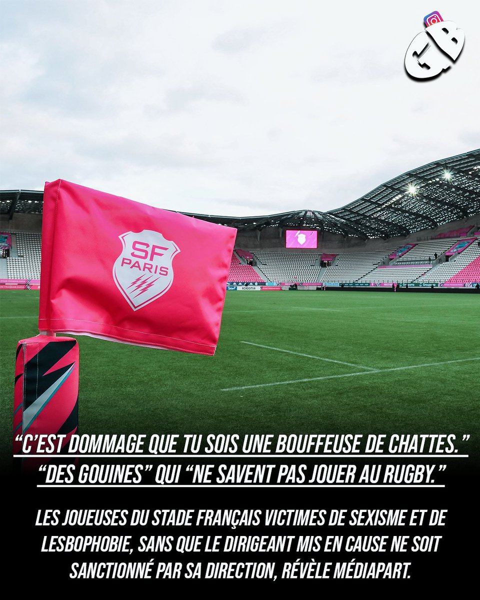 GauthierBaudin's tweet photo. Médiapart révèle un climat sexiste et lesbophobe dont sont victimes les joueuses de l'équipe féminine du Stade Français. Selon le média d'investigation, le directeur sportif de l'association aurait, à plusieurs reprises, proféré des propos choquants à l'encontre d'une directrice bénévole de l'équipe et de joueuses.

De nombreuses joueuses et membres de l'association du Stade Français, qui est responsable de l'équipe féminine, ont été interrogés par le média, et les témoignages sont similaires sur les propos rapportés : 
-"Elles sont toutes gouines et elles pensent juste à qui va coucher avec qui."
-"Une gouine qui veut jouer au rugby, mais qui est incapable de jouer à un sport masculin."
-"Elles feraient mieux de coucher avec des mecs que de se doigter entre elles, elles seraient moins chiantes."
-"Pourquoi tu parles à l'arbitre, tu essaies de la draguer, tu veux son numéro ?"

La directrice bénévole du Stade Français a réalisé un signalement auprès du bureau exécutif de l'association du Stade Français et de la FFR. Du côté de l'association, une enquête interne a été menée par le secrétaire général, qui n'est pas indépendant, ce qui va à l'encontre des règles de la FFR. Le directeur sportif a été mis à pied pour la durée de l'enquête, soit trois semaines, et elle s'est conclue par un blâme adressé au dirigeant sans retenir les propos homophobes et sexistes contre lui.

Une plainte a également été déposé pour propos homophobes et harcèlement auprès d'un commissariat.

Le directeur sportif a vu son contrat prolongé sur la saison 2025-2026 par l'association du club et dirigera à nouveau l'équipe féminine après en avoir été écarté temporairement.

Le lien de l'article de Médiapart : https://t.co/3VyRE9dTfm