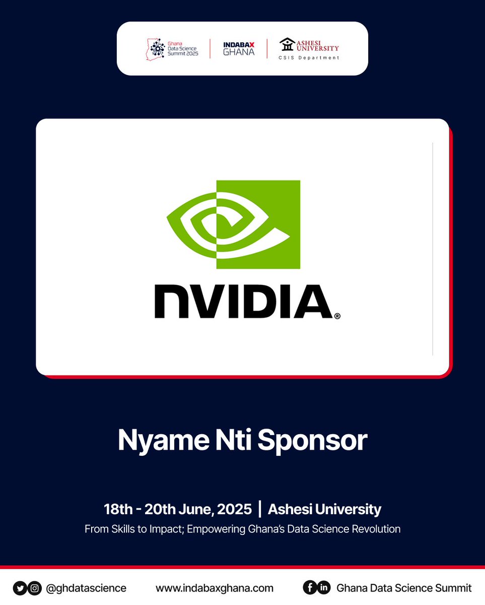 Sponsor Alert! We are excited to announce <a href="/nvidia/">NVIDIA</a> as our sponsor for the highly anticipated #GDSS2025. We appreciate their generous support in making this #summit accessible to a large audience of #datascience enthusiasts.

#GDSS2025 #IndabaXGhana #NVIDIA #DataScience #AI #ML