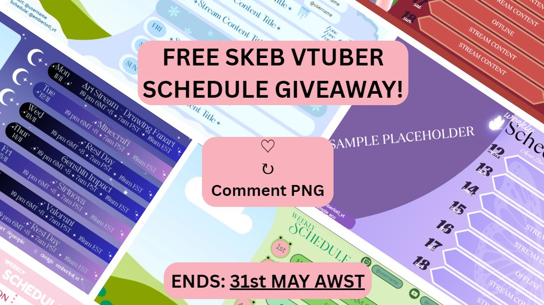 「FREE SKEB VTUBER SCHEDULE RAFFLE」
I’m giving away 1 skeb vtuber schedule (made by me) to someone! 🌸
I’m new at GFX stuff so it’ll be simple!

Simply: 
♡, ↻  and comment your PNG
Follow is appreciated but not required
No bot accounts

♡ RAFFLE ENDS: 31st MAY AWST ♡