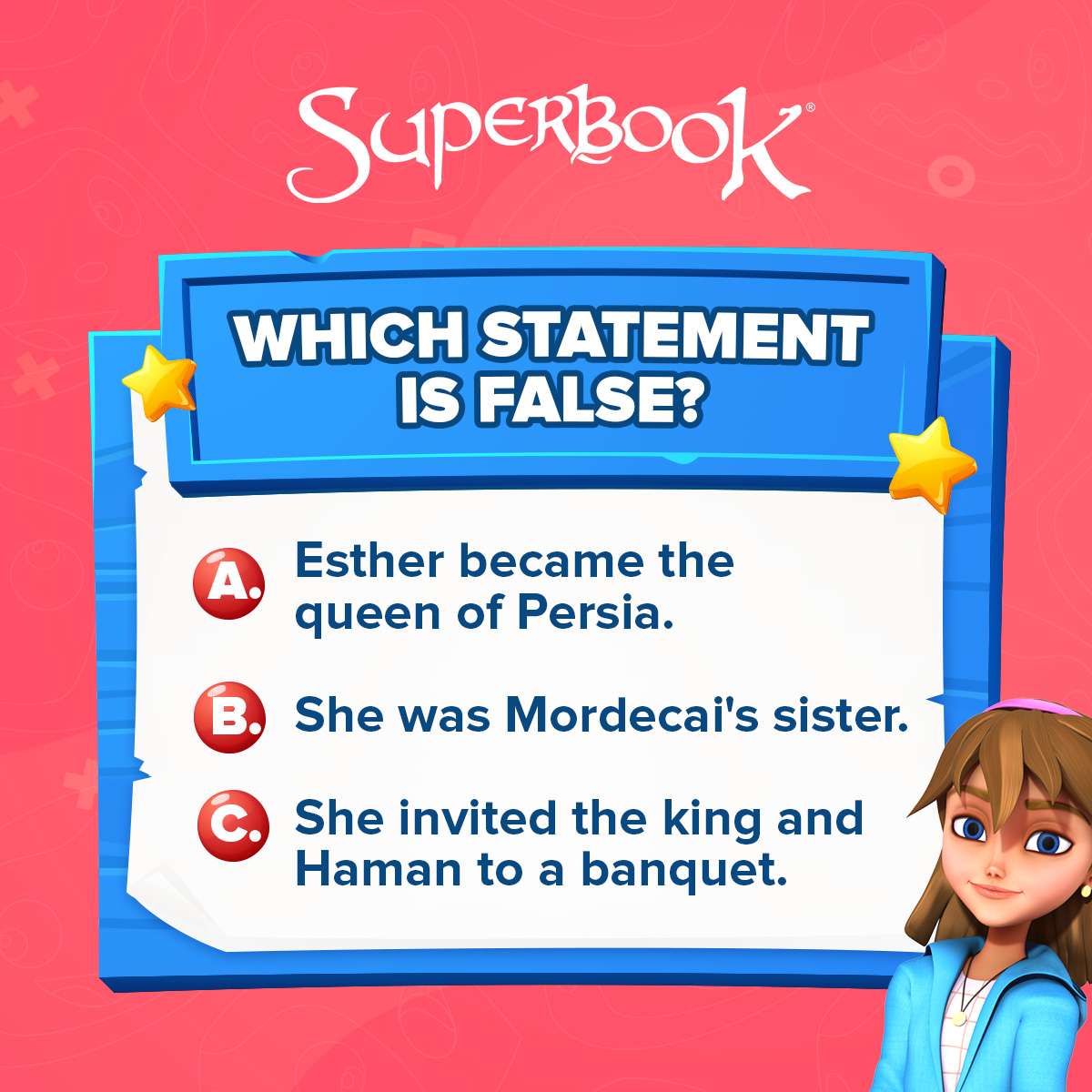 SuperbookTV's tweet image. Do your kids know about Queen Esther? 👸🏻Test their knowledge with this #WhichStatementIsFalse game! 👇🏼

#GameTime #BibleQuiz #FamilyGameTime
.
.
.
.
.
𝐒𝐔𝐏𝐄𝐑𝐁𝐎𝐎𝐊
𝐵𝑟𝑖𝑛𝑔𝑖𝑛𝑔 𝐵𝑖𝑏𝑙𝑒 𝑠𝑡𝑜𝑟𝑖𝑒𝑠 𝑎𝑛𝑑 𝐽𝑒𝑠𝑢𝑠’ 𝑙𝑜𝑣𝑒 𝑡𝑜 𝑘𝑖𝑑𝑠 𝑒𝑣𝑒𝑟𝑦𝑤ℎ𝑒𝑟𝑒