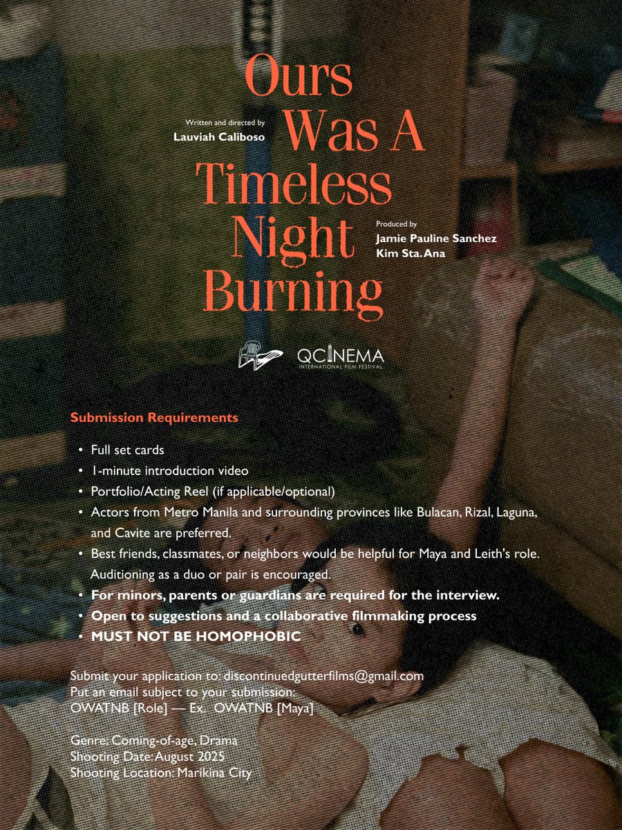 discontdgutter's tweet photo. [𝐂𝐀𝐒𝐓𝐈𝐍𝐆 𝐂𝐀𝐋𝐋 𝐅𝐎𝐑 𝐐𝐂𝐈𝐍𝐄𝐌𝐀 𝐒𝐇𝐎𝐑𝐓 𝐅𝐈𝐋𝐌]

Ours Was A Timeless Night Burning
written and directed by Lauviah Caliboso
produced by Jamie Pauline Sanchez and Kim Sta. Ana

#ProjectFlames https://t.co/adaFUJCR4Q