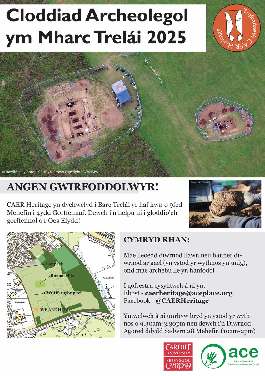 CAER Heritage (@caerheritage) on Twitter photo Very excited to say that weโll be digging again in Trelai Park for 4 weeks (9th June to 4th July) at the amazing Bronze Age settlement and need your help!๐ช๐
To volunteer, please email CAERHeritage@aceplace.org .
Booking is essential & places are limited!
The CAER Team ๐งก Very excited to say that weโll be digging again in Trelai Park for 4 weeks (9th June to 4th July) at the amazing Bronze Age settlement and need your help!๐ช๐
To volunteer, please email CAERHeritage@aceplace.org .
Booking is essential & places are limited!
The CAER Team ๐งก