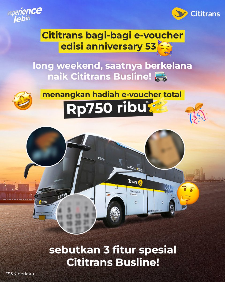 Yg sering naik Busline <a href="/cititransindo/">Cititrans Indonesia</a> pasti udh gak asing lagi sama layanan spesial ini😙

𝑅𝐸𝒫𝐿𝒴 &amp; menangkan e-voucher Cititrans Rp250k utk 3 pemenang (total Rp750k)! 🚌💙

Voucher berlaku utk semua rute. Bisa digunakan selama 1 bln stlh diterima.