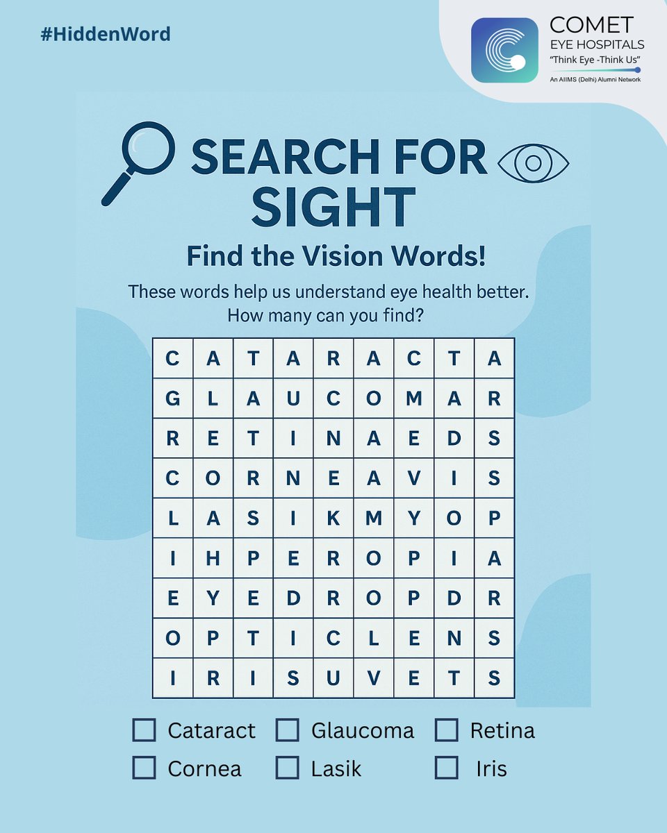 Cometeyecare's tweet photo. Test your focus and attention! Can you find all the hidden words? Let us know in the comments and challenge your friends too. Great vision starts with fun and awareness!
#eyecare #visiontest #healthyeyes #eyeclinic #eyedoctor #eyehealth #vision #spotthewords #cometeyehospitals https://t.co/9sOQL4WNUV