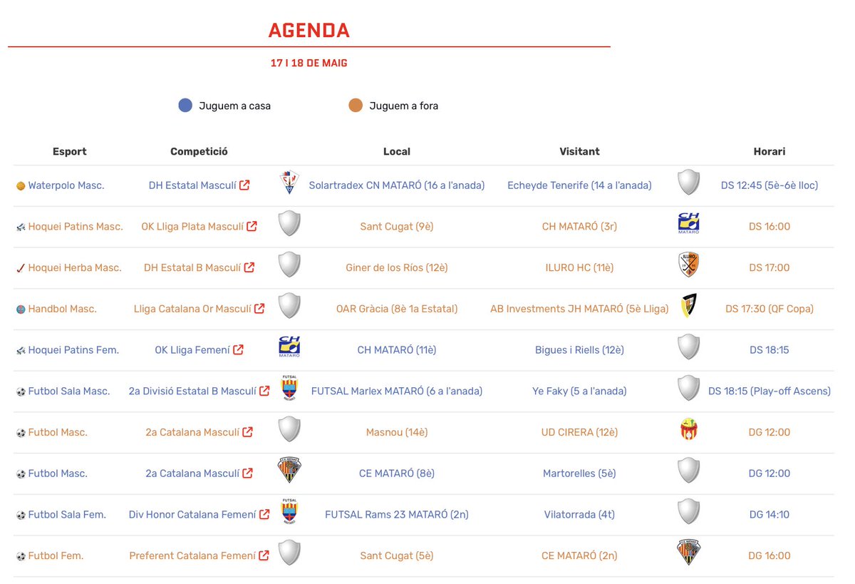 🙌 AGENDA Esportiva dels dies 17/18 de maig, amb els partits més destacats dels equips de Mataró, per ordre cronològic.  Pots anar veient resultats actualizats clicant ilurosport.cat/marcadors/