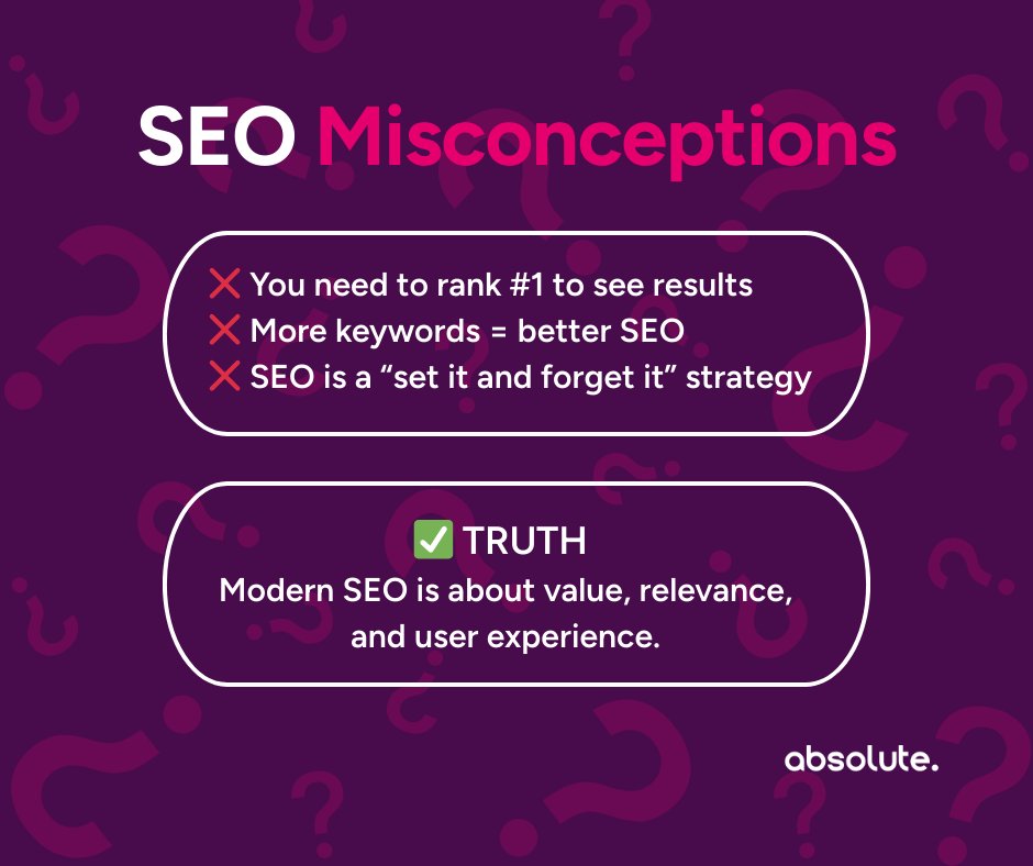 AbsoluteDMedia's tweet photo. SEO Misconceptions ๐
SEO isnโt about keyword stuffing or chasing page 1 at all costs.
โ More keywords โ better
โ SEO is not a one-time fix
โ
Itโs about relevance, structure, and trust
#seo #digitalmarketing #searchstrategy #seoagency https://t.co/Z4aMviseWZ