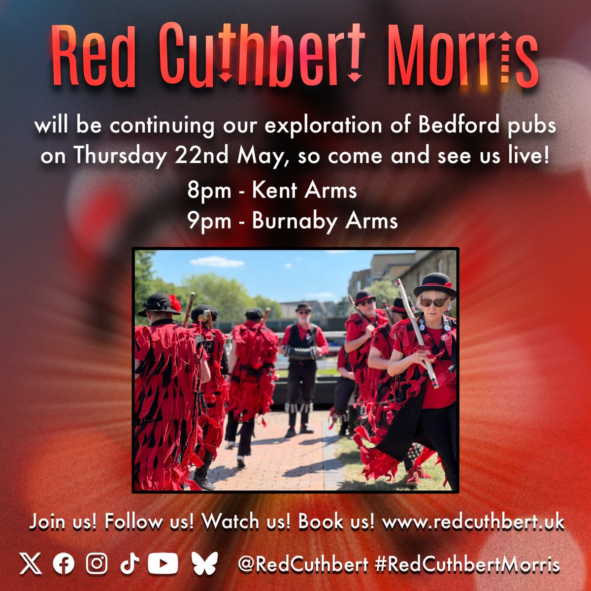 #redcuthbertmorris will be continuing our exploration of Bedford pubs on Thursday 22nd May, so come and see us live! #morris
