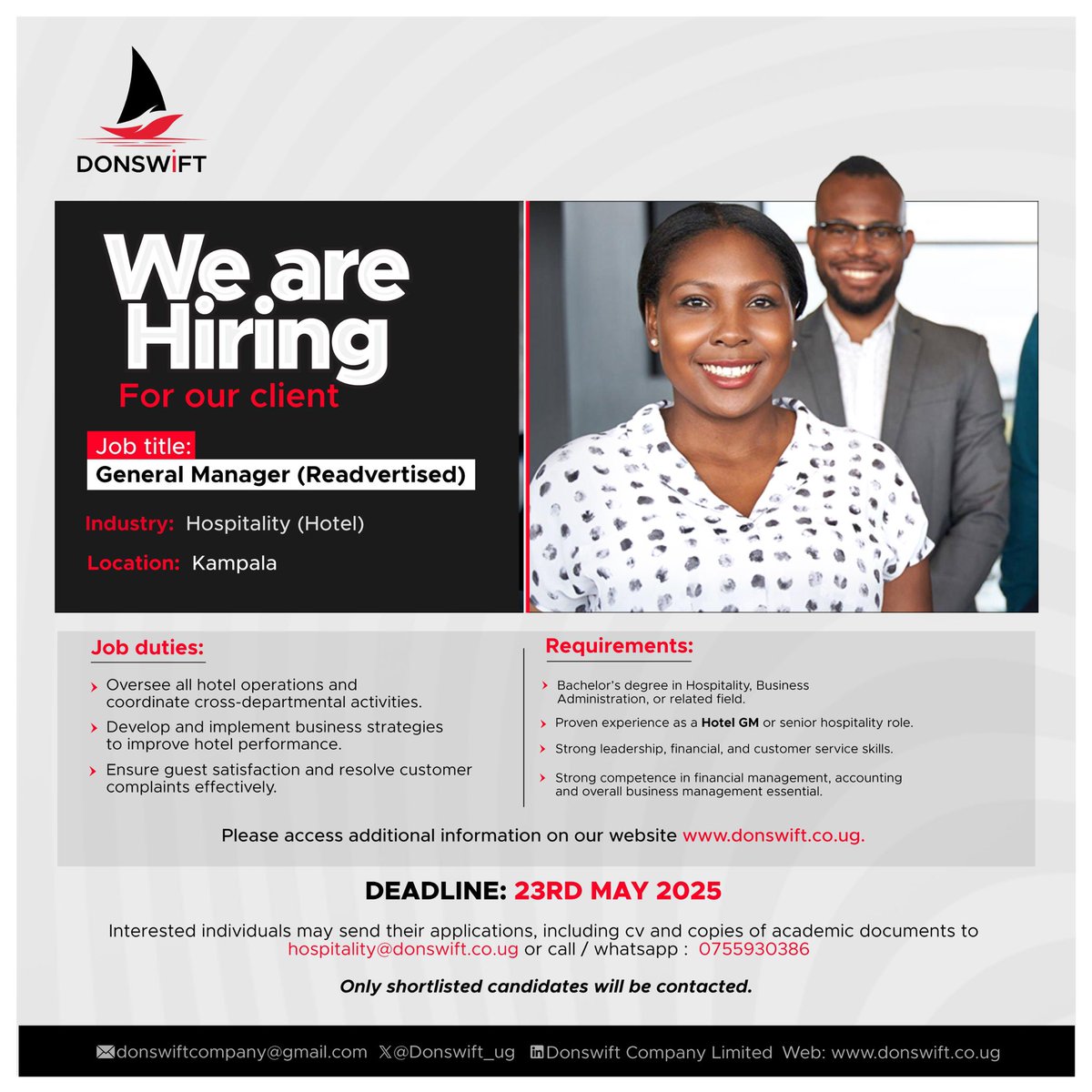 Job Re-advertised

 Missed it the first time? Here’s your second chance!

New Application Deadline: 23rd May, 2024
 For more info: donswift.co.ug 

#JobAlert #Readvertised #DeadlineExtension #ApplyNow