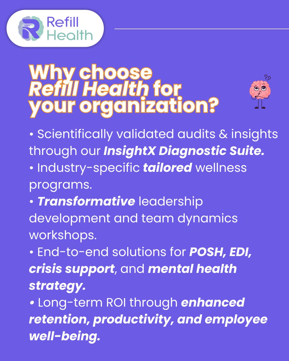 Refillhealth's tweet photo. Let Refill Health be your strategic partner in cultivating a psychologically safe, inclusive, and high-performance culture. 

A mental health wellness and emotional wellbeing platform like never before💜 

#RefillHealth #EmployeeAssistanceProgram #WorkplaceWellbeing #EAP360 https://t.co/EOee0sF9V3