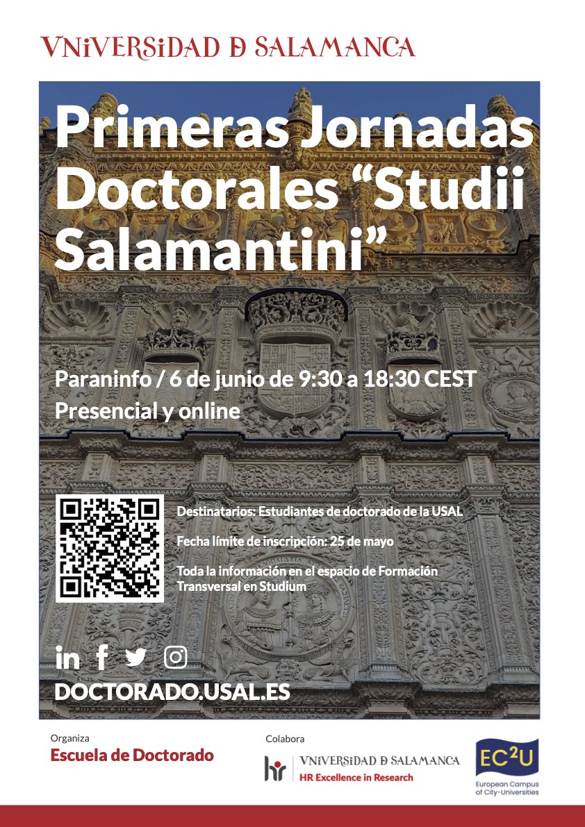 🎓 Llega la primera edición de las Jornadas Doctorales #StudiiSalamantini

Un nuevo espacio de encuentro para toda la comunidad de estudiantes de doctorado de la USAL, donde cerraremos el curso reflexionando, aprendiendo y conectando 🔗.

📚 Charlas y talleres transversales