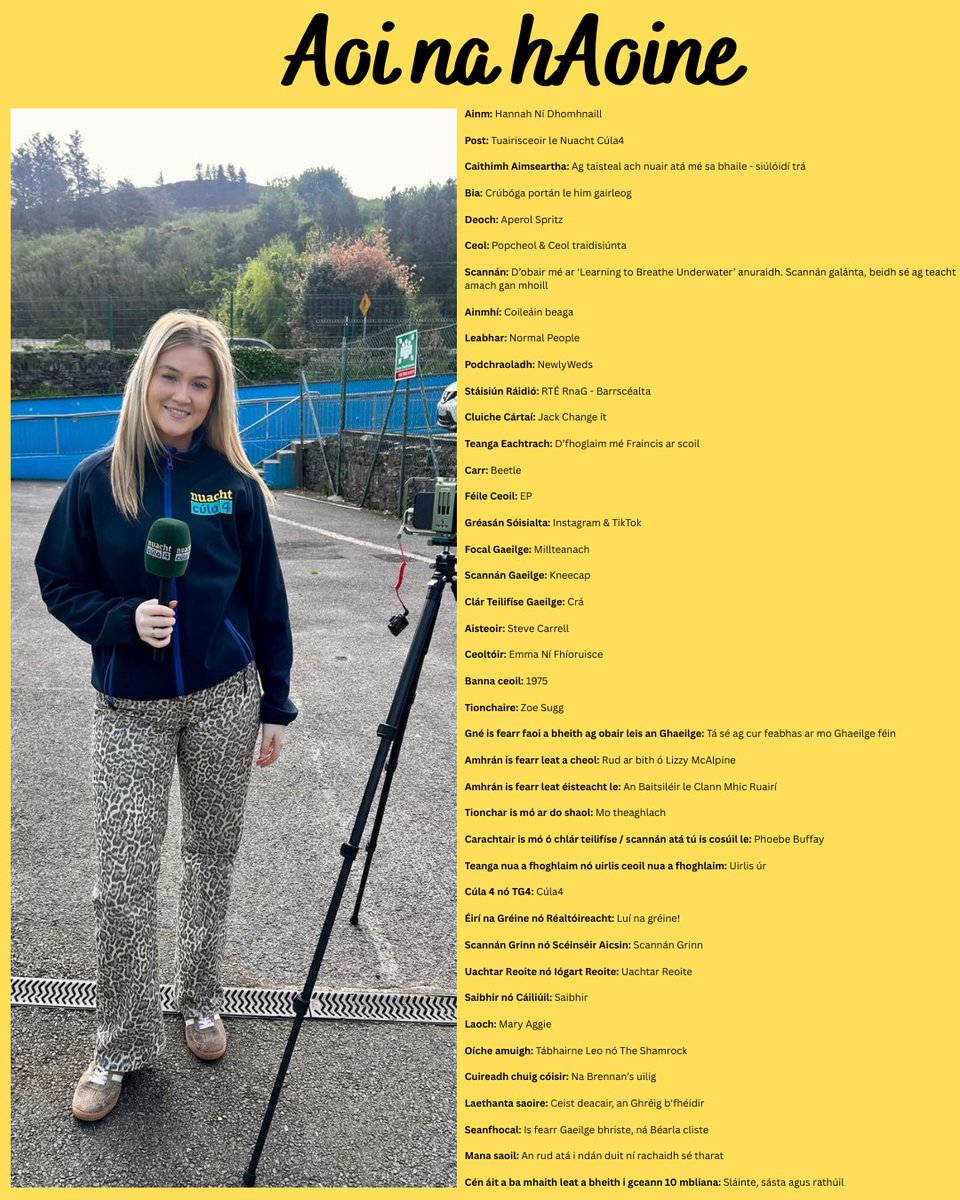 Aoi na hAoine - Hannah Ní Dhomhnaill 

Hannah Ní Dhomhnaill as Fál Carrach ó dhúchas a fuair post mar tuairisceoir le Nuacht Cúla 4 ar na mallaibh. Sa phictiúr thíos, déanann sí cur síos ar roinnt do na suimeanna atá aici sa tsaol. 

#DúnnanGall #Gaeilge #SeoíanGhaeltacht