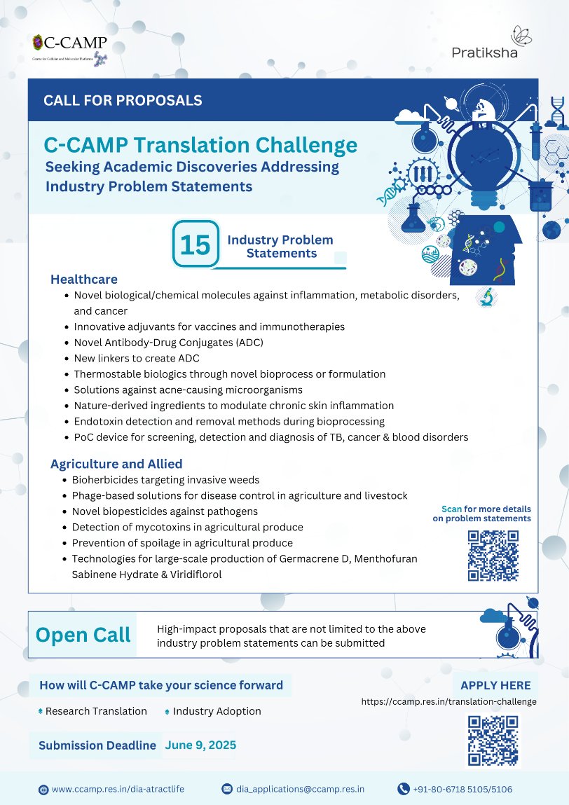 DBTIndia's tweet photo. The 4th call for proposals under the Research Translation Accelerator is now open and is accepting solutions. @CCAMP_India invites proposals from academia that address at least one of the 15 Industry Problem Statements outlined in this call. 

🗓️Due Date: 09th June 2025
🖇️Link to apply: https://t.co/1LjpFahyH0

@DrJitendraSingh @rajesh_gokhale