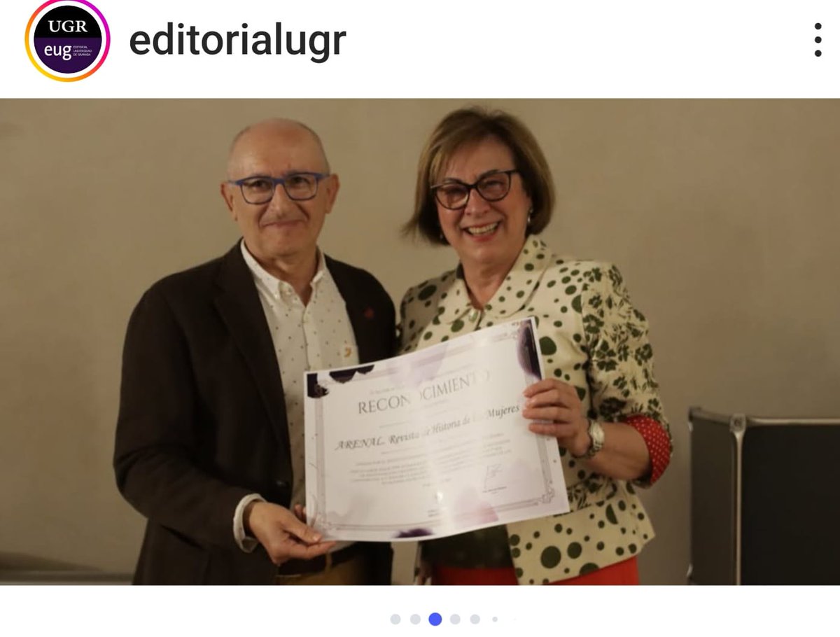 <a href="/CanalUGR/">Universidad Granada</a> reconocía ayer la trayectoria de <a href="/ArenalRevista/">Arenal. Revista de Historia de las Mujeres</a> en la presentación del catálogo de <a href="/EditorialUGR/">Editorial UGR</a> con motivo de la Feria del libro, dedicada este año a Mujeres. Gracias, en nombre de todas las que hacemos Arenal, por el reconocimiento y apoyo