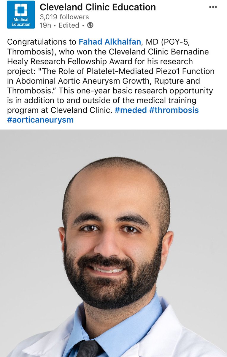 So proud of our thrombosis fellow <a href="/FahadAlKhalfan/">Fahad AlKhalfan</a> this year, winning the Bernadine Healy Research Fellowship Award for his PhD program. Most unusually, he already has two papers related to his PhD published a month before he starts!  Watch out… Here he comes. 🚆