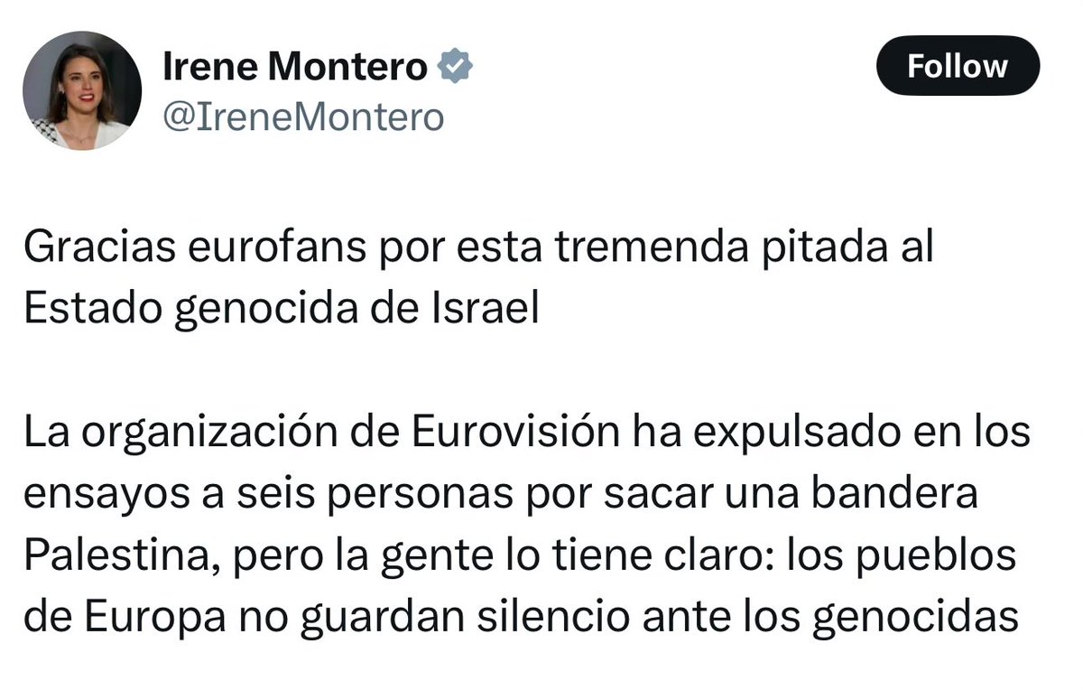 Irene Montero apoya el acoso a una joven que sobrevivió a una masacre, escondida bajo los cuerpos de sus amigas. Luego pide a “los pueblos de Europa” echar a los judíos de un concurso europeo de canciones. Ya hubo otro que también quiso una Europa sin judíos.