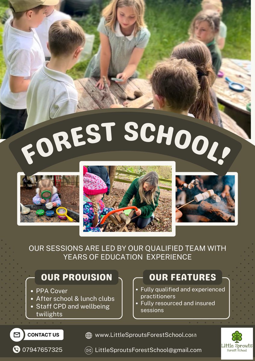 Little Sprouts Forest School (@littlesproutsfs) on Twitter photo 🌲 Looking for engaging, outdoor-based learning opportunities for your pupils? Our Little Sprouts Forest School team offers PPA cover for local primary and secondary schools! 🌟
📞 Contact us to find out more:
🌐 LittleSproutsForestSchool.com
📧 LittleSproutsForestSchool@gmail.com 🌲 Looking for engaging, outdoor-based learning opportunities for your pupils? Our Little Sprouts Forest School team offers PPA cover for local primary and secondary schools! 🌟
📞 Contact us to find out more:
🌐 LittleSproutsForestSchool.com
📧 LittleSproutsForestSchool@gmail.com