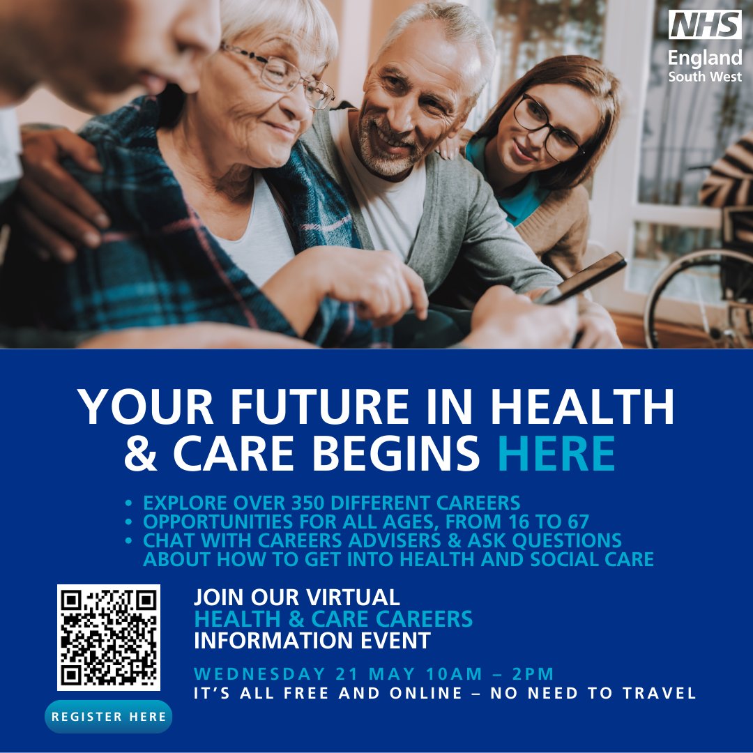 Kernow Health CIC (@kernowhealthcic) on Twitter photo Considering a career in health & social care? Join <a href="/NHSSW/">NHS South West</a> free virtual event on 21 May and explore 350+ NHS roles, get expert tips and connect with real professionals.
Register now 👉 event.virtualdays.com/swheatlhandcare
#NHSCareers #WeAreTheNHS Considering a career in health & social care? Join <a href="/NHSSW/">NHS South West</a> free virtual event on 21 May and explore 350+ NHS roles, get expert tips and connect with real professionals.
Register now 👉 event.virtualdays.com/swheatlhandcare
#NHSCareers #WeAreTheNHS