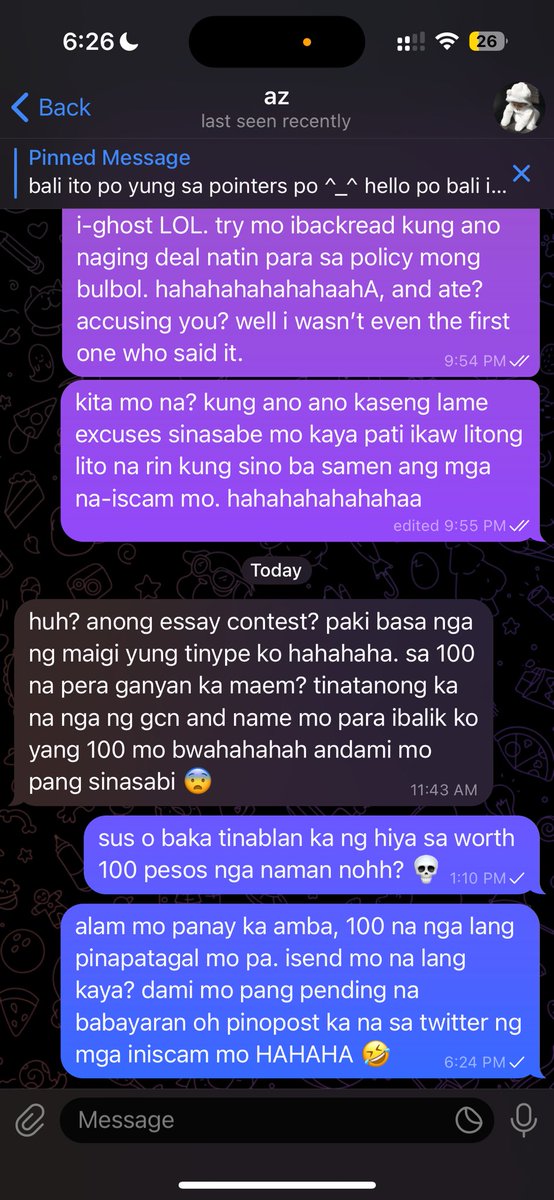 rufrstf's tweet photo. 100 pesos lang daw yon at isesend niya na HAHAHA. kahapon pa yang amba mo teh. 100 na nga lang pinapatagal mo pa.💀 https://t.co/IfzOD58zxs
