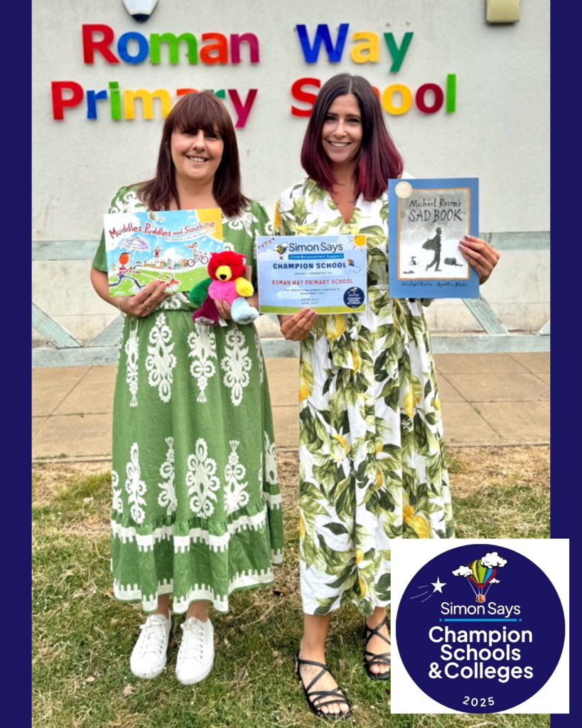 HUGE congratulations to Roman Way Primary School on achieving Simon Says Champion School status!

Pictured here are Charlotte and Katie, who have led the programme within the school.

Roman Way has demonstrated a strong commitment to supporting bereaved children. 

🙏