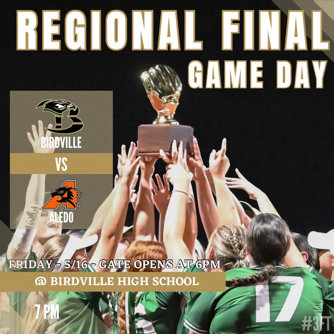 Game Day! #3ft

Regional Finals - Game ✌🏽

🆚 Aledo HS 

📍Birdville HS

🕧 7:00 pm

📊 GameChanger 

🎟️ gofan.co/event/3613262