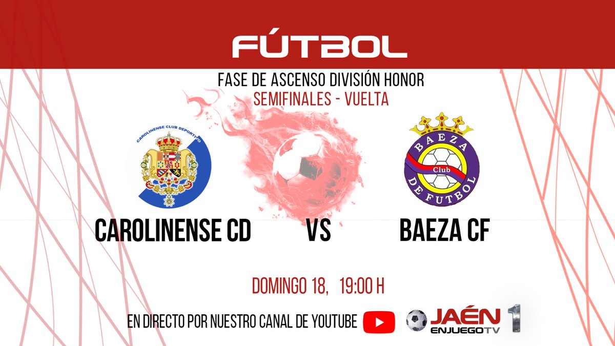 🚨RETRANSMISIÓN ‼

👉La Carolina y Baeza lucharán por estar en la GRAN FINAL. Y también lo podrás ver en JeJ TV. 

📺El domingo, en directo, a las 19:00 horas: <a href="/CarolinenseCD_/">Carolinense CD (Oficial)</a> - <a href="/BAEZACF/">BAEZA CF</a> . Tremendo partido! Tres a dos en la ida para los baezanos...

Aquí: youtube.com/live/0JUtAAtTu…
