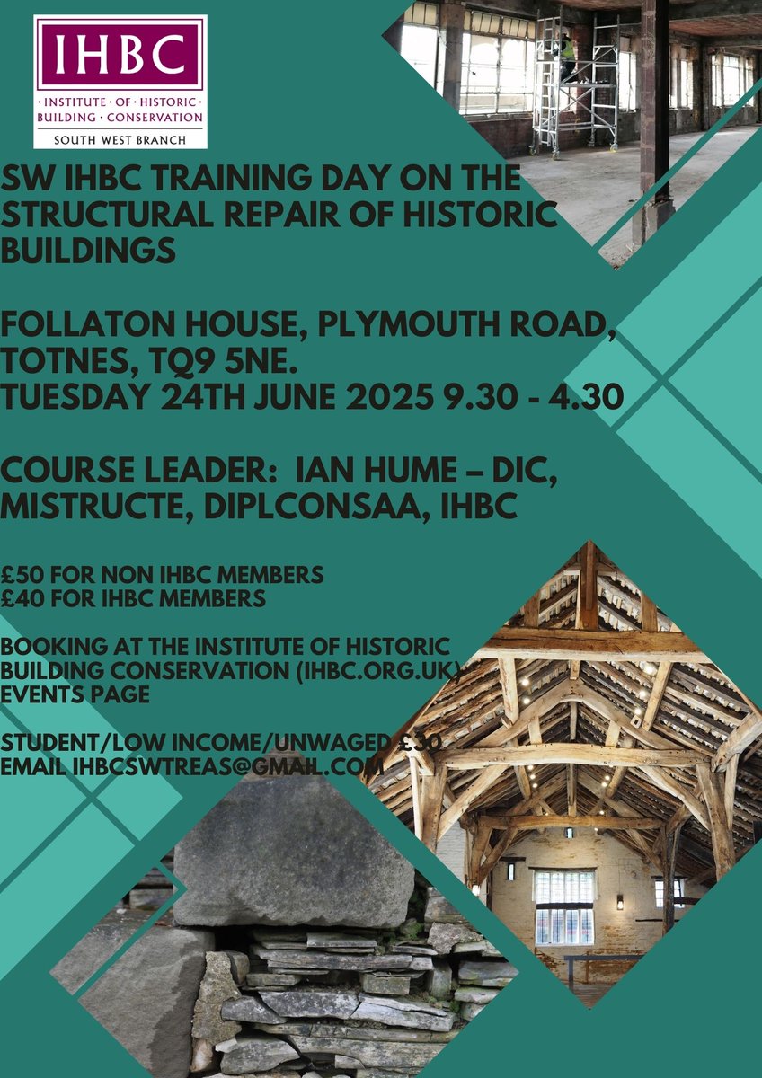 The SW IHBC Branch are hosting a follow up training day on ‘The structural repair of historic buildings’ with Ian Hume.

24th June 2025, 9.30 - 4.30 at Follaton House, Totnes.

Booking opens on 19th May
ihbc.org.uk/branches/s_wes… > Events