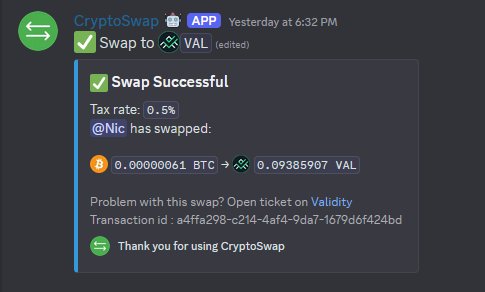 🚀 Sneak Peek: CryptoSwap

Our next product in the growing Validity Discord ecosystem.

🔁 Swap BTC, ETH, DOGE, VAL and more - directly inside Discord.

Another step toward utility-first crypto.
#Crypto #Discord #web3 $VAL