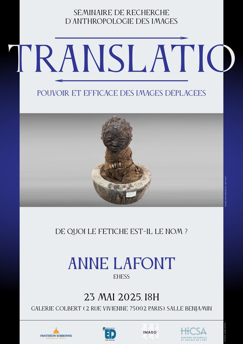 imago_cv's tweet image. Le séminaire "Translatio" vous convie à sa 6e séance, le  vendredi 23 mai. Nous sommes très heureux d'y recevoir Anne Lafont, historienne de l'art et directrice d'étude à l'@EHESS_fr, qui partagera ses recherches sur le fétiche en tant qu’image, objet, et concept pérégrin.