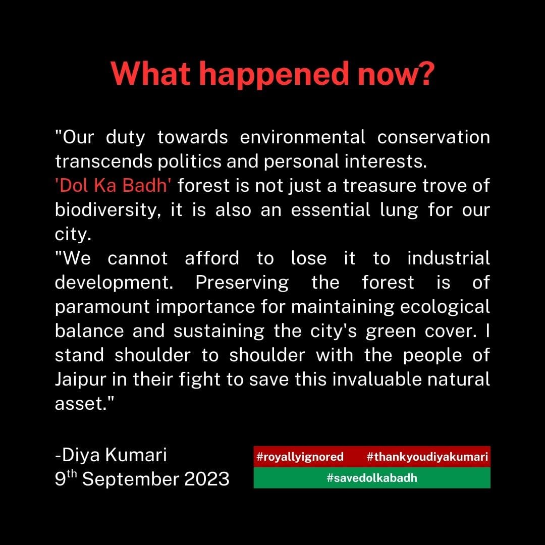 Let Jaipur Breathe Movement (@dolkabadh) on Twitter photo Hundreds of trees are about to be cut in Jaipur.
Dear Deputy Chief Minister <a href="/KumariDiya/">Diya Kumari</a>, you once supported the Dol Ka Badh Movement, now we come to you but you ignore us. WHY?
<a href="/BJP4Rajasthan/">BJP Rajasthan</a> <a href="/8PMnoCM/">राजस्थानी ट्वीट</a>
#savedolkabadh #thankyoudiyakumari #royallyignored Hundreds of trees are about to be cut in Jaipur.
Dear Deputy Chief Minister <a href="/KumariDiya/">Diya Kumari</a>, you once supported the Dol Ka Badh Movement, now we come to you but you ignore us. WHY?
<a href="/BJP4Rajasthan/">BJP Rajasthan</a> <a href="/8PMnoCM/">राजस्थानी ट्वीट</a>
#savedolkabadh #thankyoudiyakumari #royallyignored