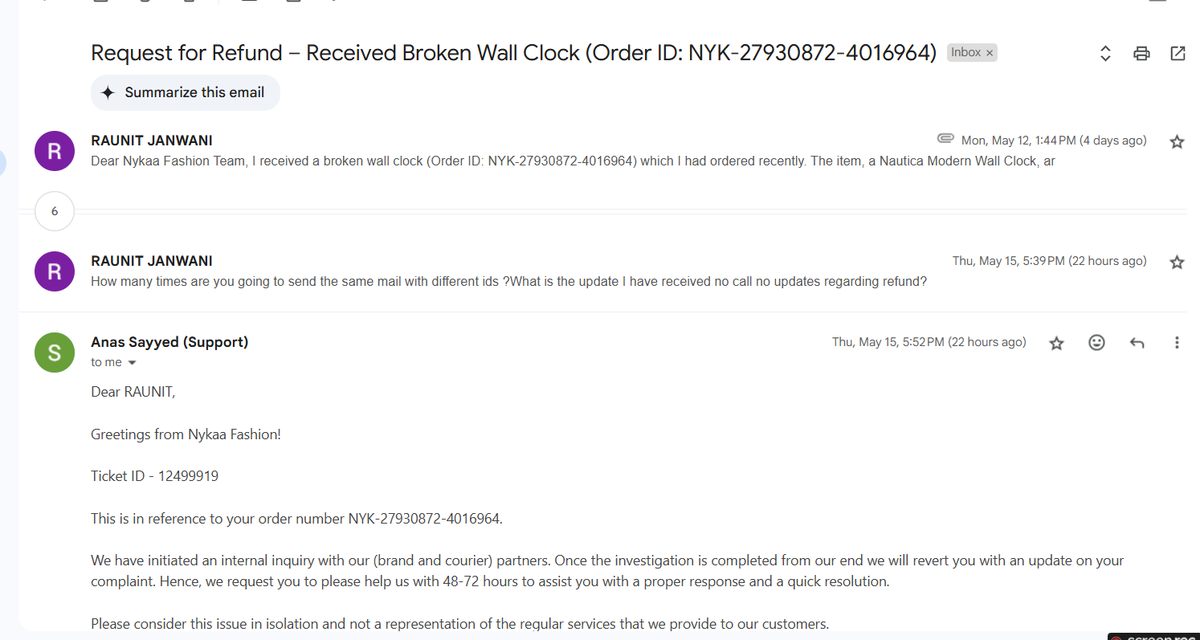 raunit001's tweet photo. Hi @MyNykaa @nykaafashion @NykaaMan 
This was not expected from such a big reputed brand like you ,
I have received a broken watch and I have been writing request mails for refund from 12-13 May ,
But I only get autogenerated mail .

Please fasten up process and initiate refund. https://t.co/j8Ru2xKI6a