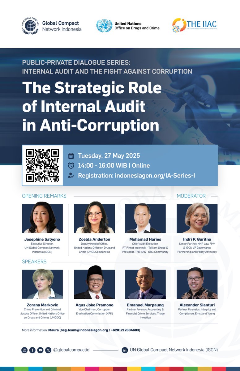 Join us on:
📅 Tuesday, 27 May 2025
🕑 14.00 – 16.00 WIB
For an online dialogue on the role of internal audit in the defense against corruption! There will be presentations from <a href="/KPK_RI/">KPK</a> and the private sector, along with QnA.

REGISTER at indonesiagcn.org/IA-Series-I