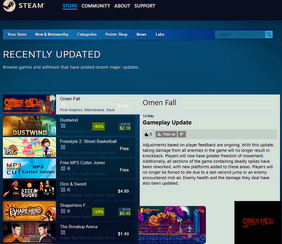 Omen Fall is on the recently updated list! Don’t forget to check out the new version of the game and write a review :) Thanks to everyone who supported! 

#omenfall #metroidvania #indie #STEAM #indiedev #pixelart #2dgame #steamgames #indiedev #Update
