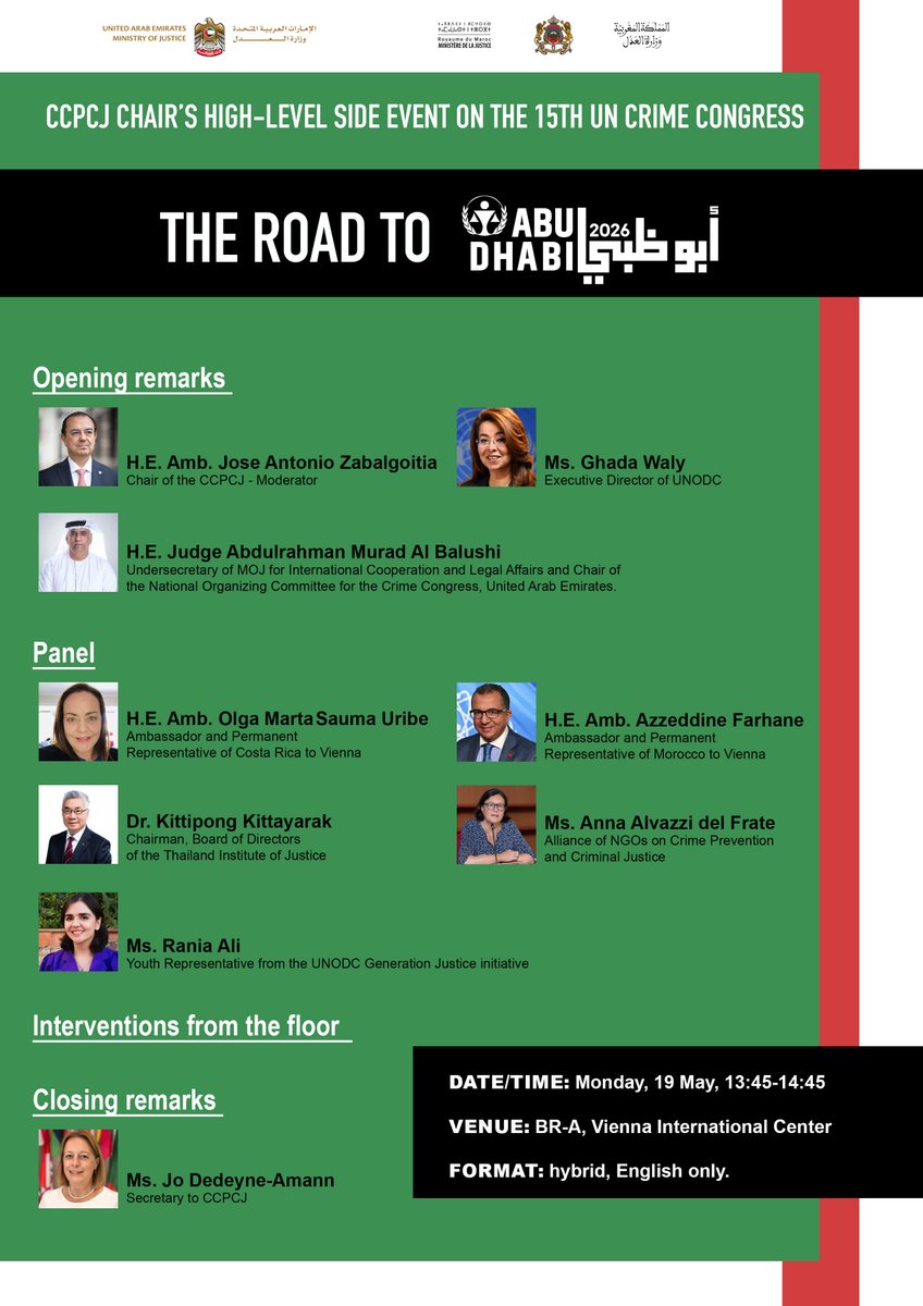 The road to Abu Dhabi continues! The #CCPCJ34 Chair will be hosting, a high-level side event on the 15th UN Crime Congress. Join us on Monday, 19 May, at 13:45 in room BR-A, VIC, or follow the discussion online: bit.ly/4k9bSwk