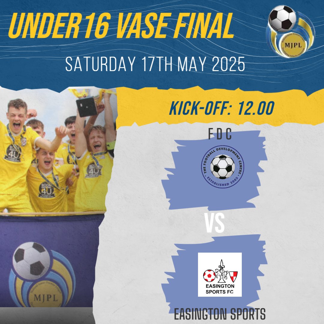 MJPL (@mjpl_uk) on Twitter photo π U16 VASE FINAL π
π₯ Itβs all to play for this Saturday!
π
17th May 2025
β° Kick-Off: 12:00
βοΈ #FDC π <a href="/Sports_ESFC/">Easington Sports FC</a>
Who will take home the trophy? π₯
#MJPL #U16Final #GrassrootsFootball π U16 VASE FINAL π
π₯ Itβs all to play for this Saturday!
π
17th May 2025
β° Kick-Off: 12:00
βοΈ #FDC π <a href="/Sports_ESFC/">Easington Sports FC</a>
Who will take home the trophy? π₯
#MJPL #U16Final #GrassrootsFootball
