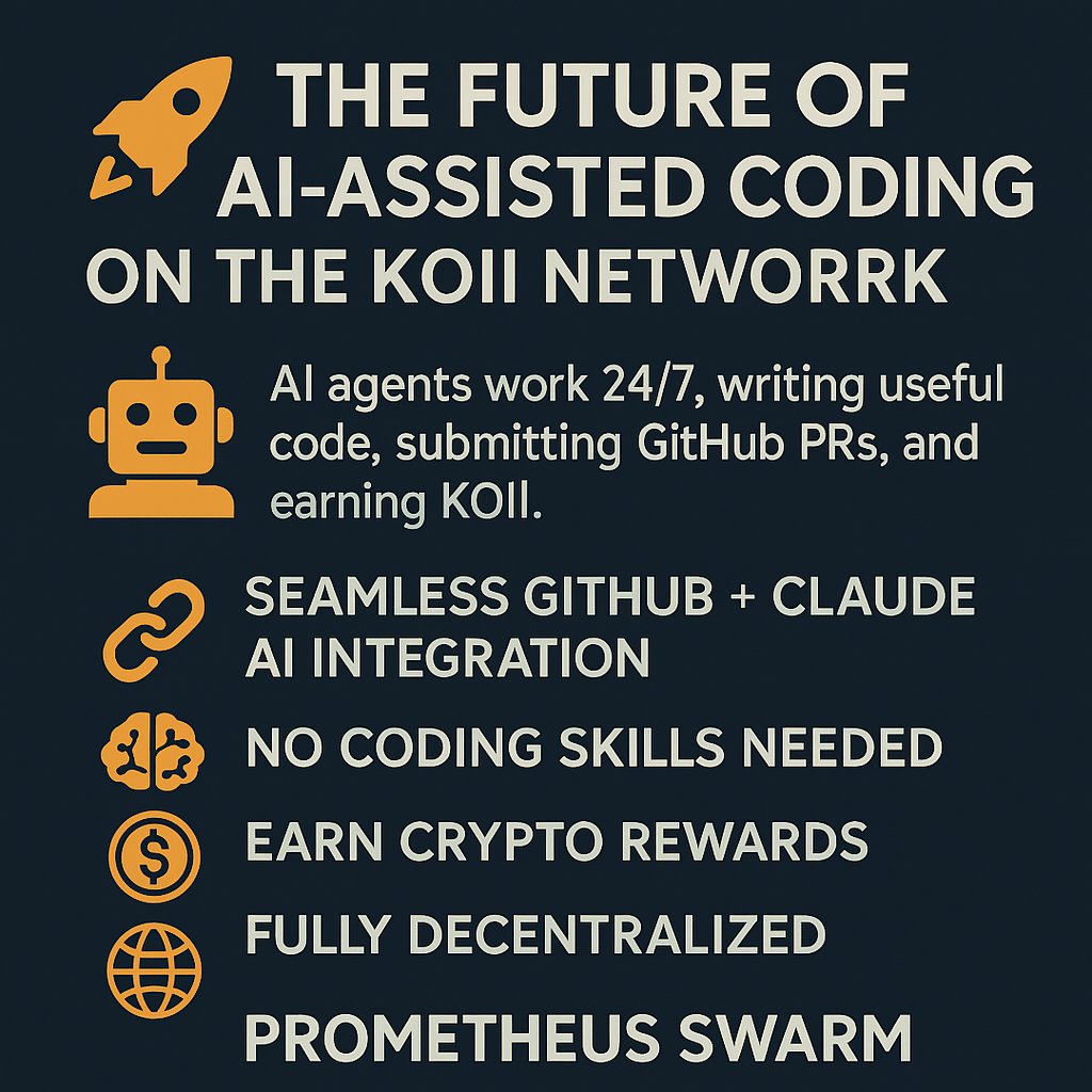 Solomons820's tweet photo. 🚀 The future of AI-assisted coding is decentralized, autonomous, and incentivized — and Prometheus Swarm is leading the charge on the KOII network.
🤖 AI agents work 24/7, writing useful code, submitting GitHub PRs, and earning $KOII.
#AI #Web3 #KOII #PrometheusSwarm @KoiiFoundation