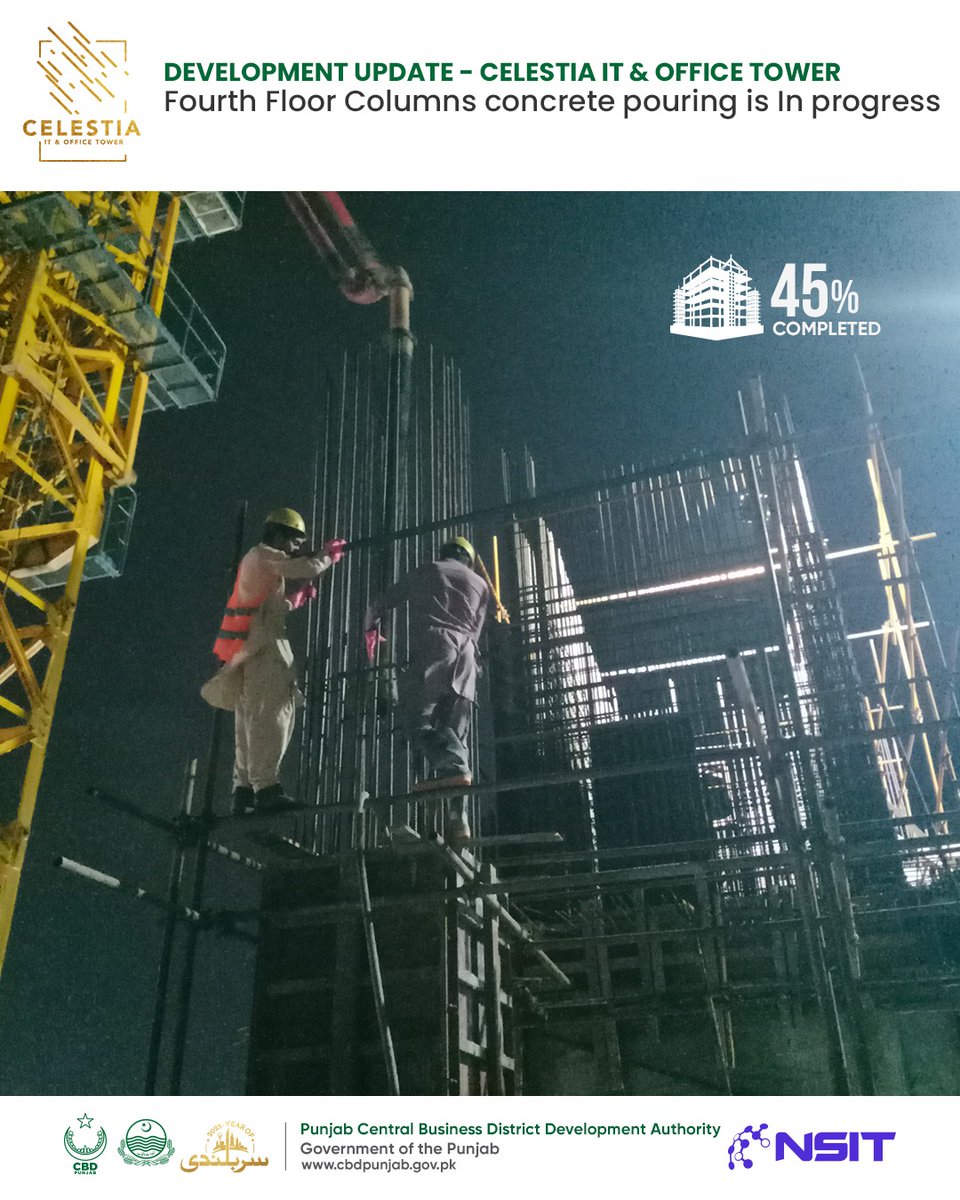 CBD Punjab Celestia IT &amp; Office Tower Development Update #30 (05/15/2025)

The construction of Celestia IT &amp; Office Tower is progressing steadily, with 45% of the work already completed. Formwork for the 3rd-floor columns is currently underway. Concrete pouring for the 4th-floor
