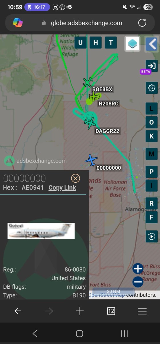 norb420's tweet photo. 9)#AE6E80 as #DAGGR22
#A1AFEA as #BOE8BX 
#A1B135 as #N208RC 
#A2A47D as #N27DQ 
#AE0941 as #00000000/#SHABA1
#AE07CB as #HIRE70/#HIRE76 
#AE07FF as #HIRE75

DAGGR22, BOE8BX and N208RC start the night's fun. N208RC was up first and worked the northern border of WSMR at 8,975 feet. BOE8BX from KSAF flew a boomerang shaped pattern starting out at 10,475 feet then moved up to 12,475 feet.

N27DQ came down a bit later with the HIRE flight from KABQ. N27DQ flew at 9,000 feet and flew a rectangular pattern. Shaba flying under the a Constant Phoenix hex, flying at varying altitude near 24,500 feet and a dog leg pattern and few others. 

The C-17's were all over the range at around 21,500 feet. It was a different C-17 as HIRE76 tonight. The other night it was a Pittsburgh one tonight were both McChord birds. HIRE76 maybe having issues as they're currently flying a racetrack pattern at 12,900 feet in-between Albuquerque and Santa Fe.