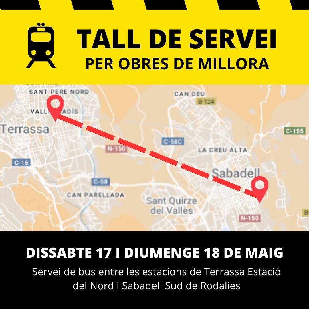 Ajuntament de Terrassa (@ajterrassa) on Twitter photo ℹ️Afectacions en <a href="/rod4cat/">R4 Rodalies 🤖</a> per obres de millora de la infraestructura.
❗️Des de les 0.10h, del dissabte 17/05, fins a les 12h, del diumenge 18/05, hi haurà servei alternatiu en autobús entre Terrassa Estació del Nord i Sabadell Sud
rodalies.gencat.cat/ca/detalls/art…
<a href="/010terrassa/">010terrassa</a> ℹ️Afectacions en <a href="/rod4cat/">R4 Rodalies 🤖</a> per obres de millora de la infraestructura.
❗️Des de les 0.10h, del dissabte 17/05, fins a les 12h, del diumenge 18/05, hi haurà servei alternatiu en autobús entre Terrassa Estació del Nord i Sabadell Sud
rodalies.gencat.cat/ca/detalls/art…
<a href="/010terrassa/">010terrassa</a>