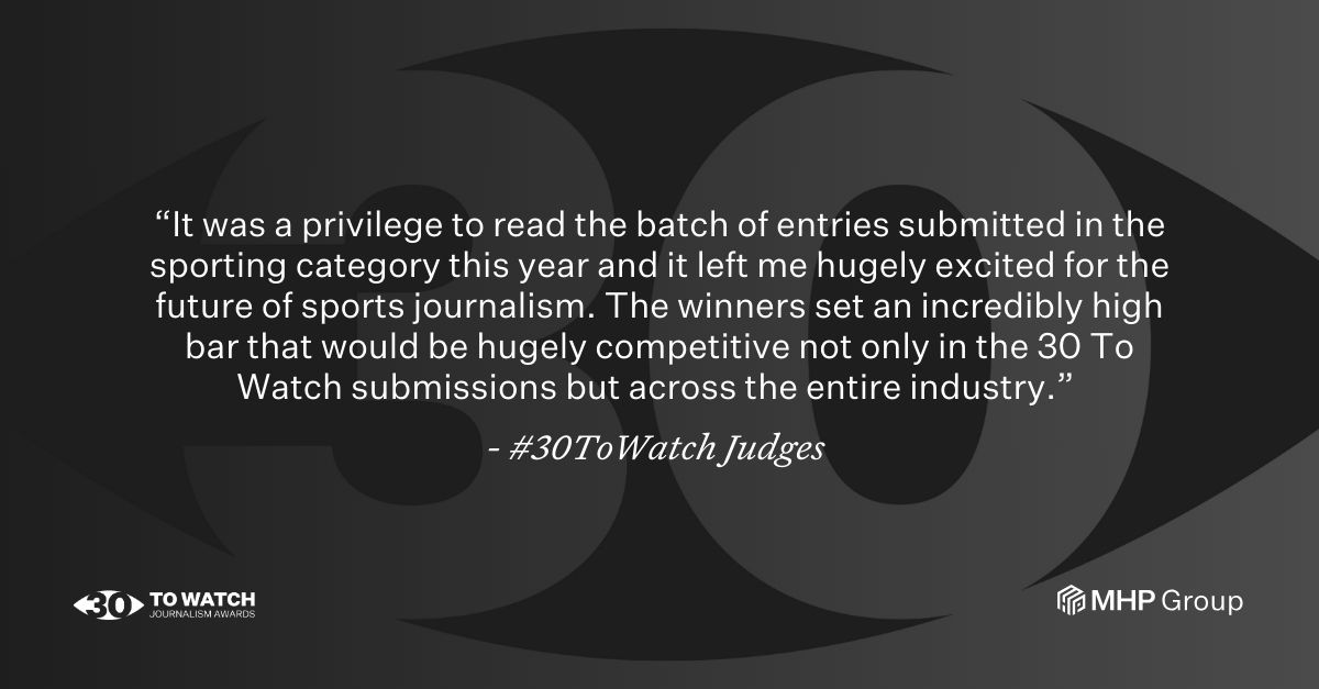 MHP Group (@mhpgroup_) on Twitter photo Congratulations to this year's #30ToWatch Journalism Award winners in the Sport category:
🏆<a href="/charlotteharpur/">Charlotte Harpur</a>, <a href="/TheAthletic/">The Athletic</a>
🏆<a href="/LiamTharmeCoach/">Liam Tharme</a>, <a href="/TheAthletic/">The Athletic</a>
🏆<a href="/jwhitey98/">Jacob Whitehead</a>, <a href="/TheAthletic/">The Athletic</a>
Thanks to our category judges - <a href="/LeeClayton_/">Lee Clayton</a>, <a href="/DailyMail/">Daily Mail</a> and <a href="/AdamCrafton_/">Adam Crafton</a> , <a href="/TheAthletic/">The Athletic</a> . Congratulations to this year's #30ToWatch Journalism Award winners in the Sport category:
🏆<a href="/charlotteharpur/">Charlotte Harpur</a>, <a href="/TheAthletic/">The Athletic</a>
🏆<a href="/LiamTharmeCoach/">Liam Tharme</a>, <a href="/TheAthletic/">The Athletic</a>
🏆<a href="/jwhitey98/">Jacob Whitehead</a>, <a href="/TheAthletic/">The Athletic</a>
Thanks to our category judges - <a href="/LeeClayton_/">Lee Clayton</a>, <a href="/DailyMail/">Daily Mail</a> and <a href="/AdamCrafton_/">Adam Crafton</a> , <a href="/TheAthletic/">The Athletic</a> .