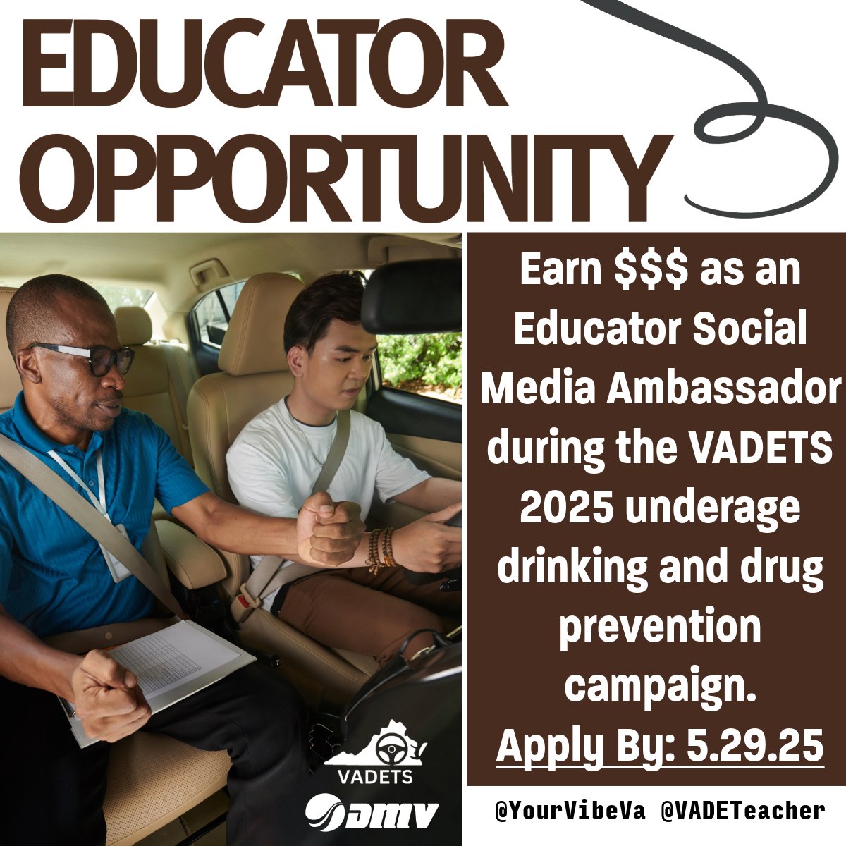Educator Opportunity!!!
Earn $$$ as an Educator Ambassador during our VADETS 2025 underage drinking and drug prevention campaign.
Sign-up by 5/292/25!
Apply Here ➡️bit.ly/3GT7N0F