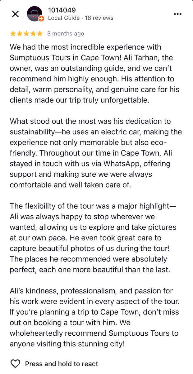 aliitarhan's tweet photo. This one line made me stop:
👉 “Ali’s kindness, professionalism, and passion…”
That’s what I hoped people would feel, beyond the photos, the stops, the views.
Turns out…they did.And it matters more than I ever say aloud.
#SumptuousTours #CapeTown #LuxuryTravel #Founder https://t.co/LOErFQ1kXg