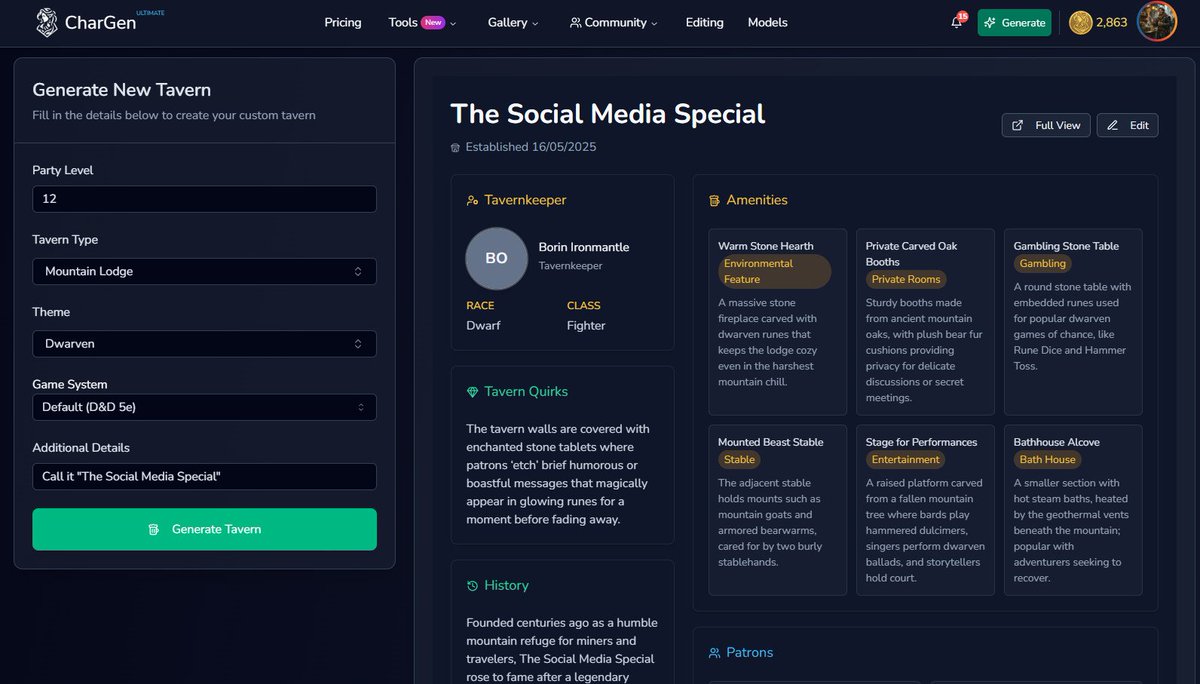 char_genAI's tweet image. Need a tavern in 30 sec?

CharGen’s AI Tavern Generator spits out keeper, patrons, menu &amp;amp; plot hooks keyed to your party level.

Free, unlimited. Test-drive it before tonight’s session: char-gen.com/tavern-generat…

#DnD #TTRPG #RPGTools