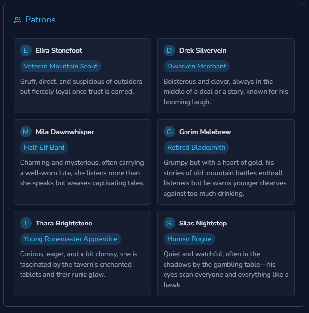 char_genAI's tweet image. Need a tavern in 30 sec?

CharGen’s AI Tavern Generator spits out keeper, patrons, menu &amp;amp; plot hooks keyed to your party level.

Free, unlimited. Test-drive it before tonight’s session: char-gen.com/tavern-generat…

#DnD #TTRPG #RPGTools