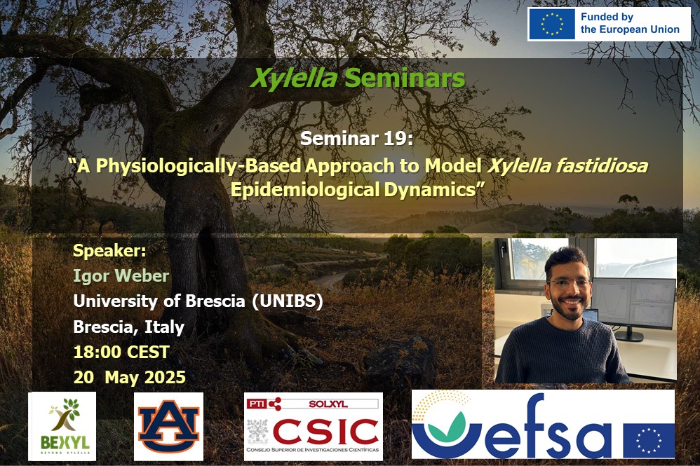 PTI-SolXyl (@sol_xyl) on Twitter photo 🗓 20th May | ⏰ 18:00 CEST A Physiologically-Based Approach to Model Xylella fastidiosa Epidemiological Dynamics 🎙 Igor Weber (Univ. Brescia, Italy) Organized by <a href="/BexylP/">Bexyl Project</a>, <a href="/EFSA_EU/">EFSA</a> & <a href="/AuburnU/">Auburn University</a> 📽 Recorded via "Soluciones a Xylella" More info: xylella.seminars.bexyl@ias.csic.es 🗓 20th May | ⏰ 18:00 CEST A Physiologically-Based Approach to Model Xylella fastidiosa Epidemiological Dynamics 🎙 Igor Weber (Univ. Brescia, Italy) Organized by <a href="/BexylP/">Bexyl Project</a>, <a href="/EFSA_EU/">EFSA</a> & <a href="/AuburnU/">Auburn University</a> 📽 Recorded via "Soluciones a Xylella" More info: xylella.seminars.bexyl@ias.csic.es
