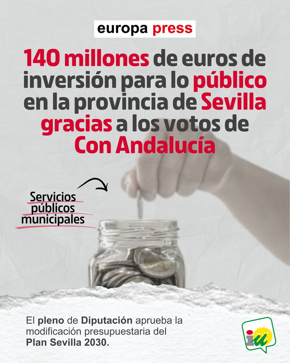 ✅ Gracias a nuestro voto favorable:

➕ Servicios municipales.
🏘️ Construcción de viviendas en alquiler.
🎭Teatros y promoción cultural.
🔻Memoria Histórica.
🫂 Cooperación internacional.
🛣️ Arreglo de caminos rurales.

📰👇🏼europapress.es/andalucia/sevi…