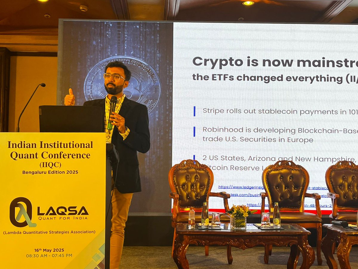 LAQSA_Quants's tweet photo. 📈 Rise of Digital Assets and Application of Systematic Strategies 📈
Format: Presentation (15 mins) + Q&amp;A (5 mins)
Speaker: Mridul Gupta (CoinDCX)

#IIQC2025 #DigitalAssett #LAQSA2025 #Leadership #DecentralizedInnovation #QuantStrategies #BengaluruConference
#TechStrategy https://t.co/murItnENuB