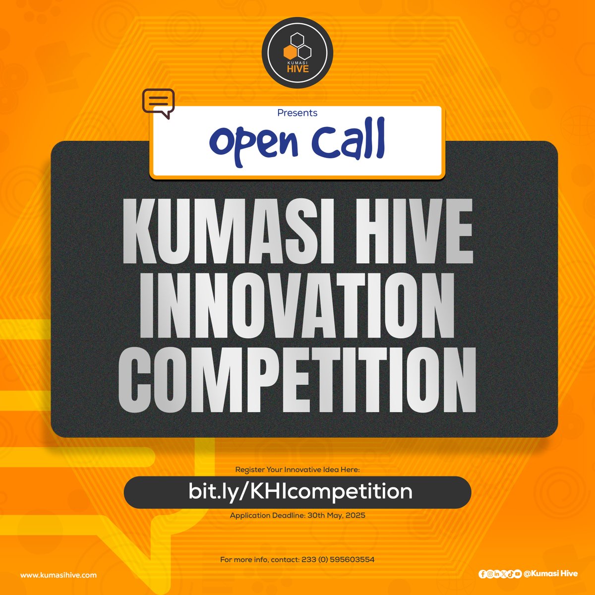 KumasiHive's tweet photo. 🚨 Got a bold idea? 💡
@KumasiHive wants to hear it!
Submit your solution to the Kumasi Hive Innovation Competition & turn ideas into real-world impact.
🗓 Deadline: May 30, 2025
📍 Apply now: https://t.co/XVM1syYOiO
#KHICompetition #TechForImpact #CallForInnovators #HiveTribe https://t.co/wfsb3IvvWj