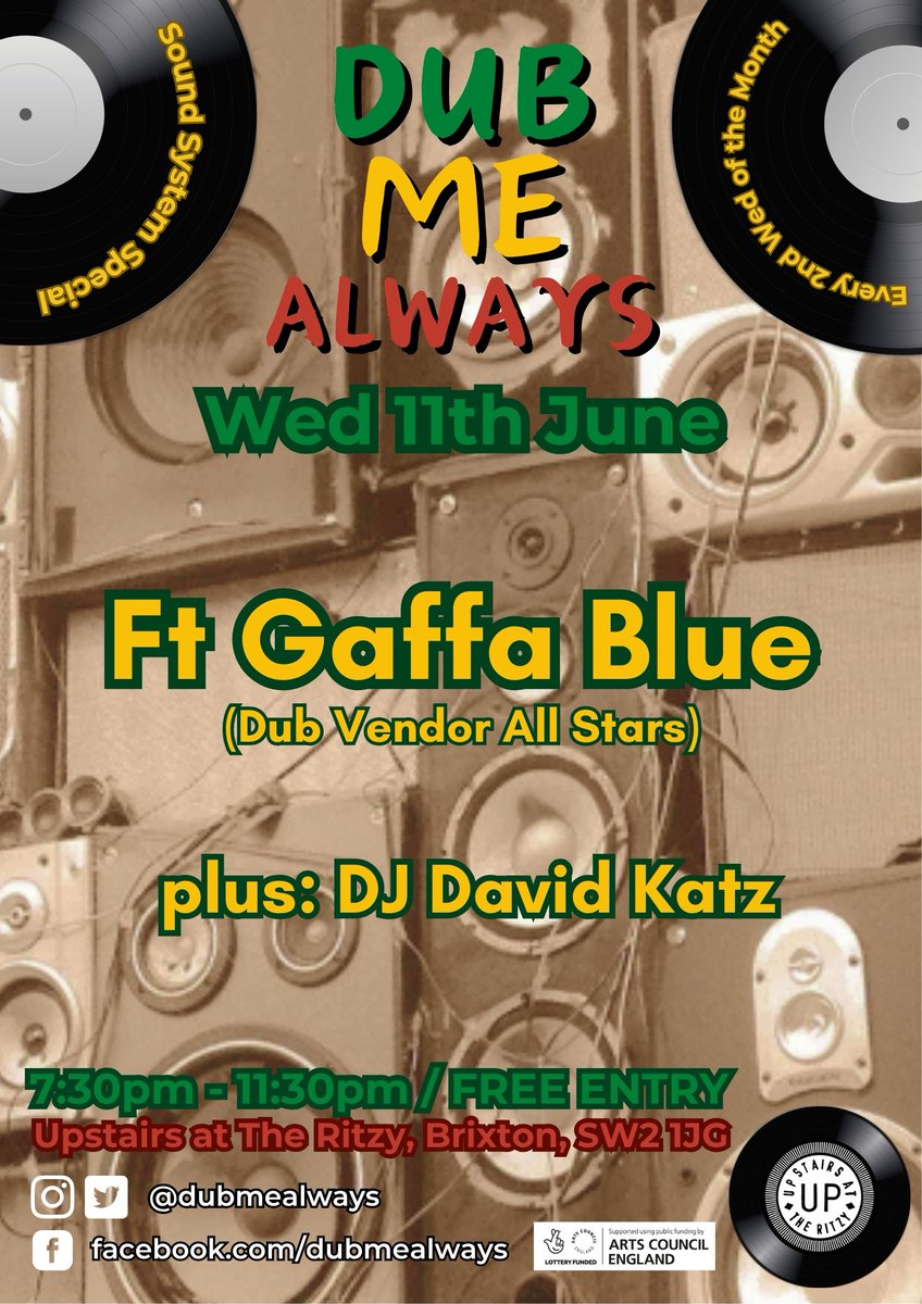Wed 11 June, Dub Me Always presents original reggae vinyl when the esteemed selector Gaffa Blue hits the decks for a night of deep roots reggae, foundation dancehall and unknown dub plates.
facebook.com/events/7032353…
7:30-11:30pm
<a href="/UpstairsRitzy/">Upstairs At The Ritzy</a> 
Brixton SW2 1JG
Free entry. Be there!