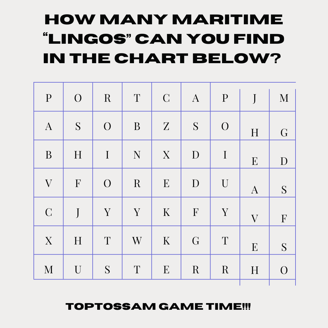 ToptossamEmpire's tweet photo. It's Toptossam Game Time!
Lets get you loosened up a little😁🥳
How many maritime "lingos" can you find in the chart below?
abraham.abuul@toptossam.org | https://t.co/SJlFVWmlAg
#jobs #job #seaman #chiefengineer #seafarer #vacancy #crewing #Crewingagency #vesselcrewing https://t.co/imRA6Tm1Ib
